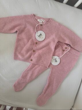 Purebaby Pink Knit Cardigan and Footed Pants Set